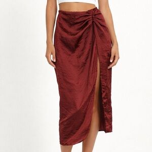 Zara Ruched Side Slit Midi Skirt Twist Front - Burgundy/ Maroon Satin Skirt